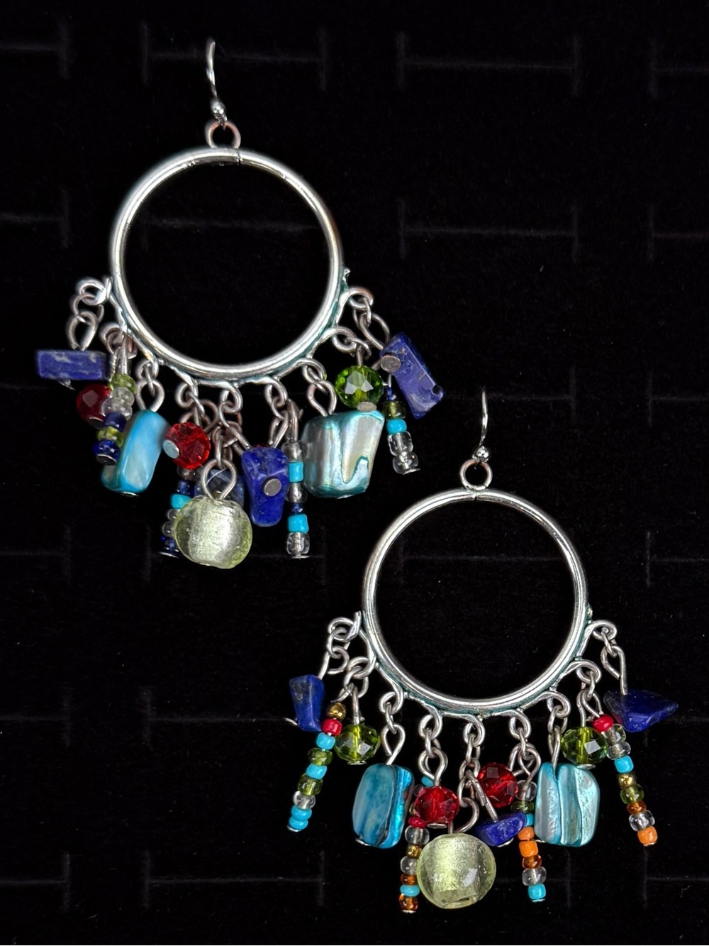 Handcrafted Silvertone Multicolor Beaded Drop Hoop Pierced Earrings